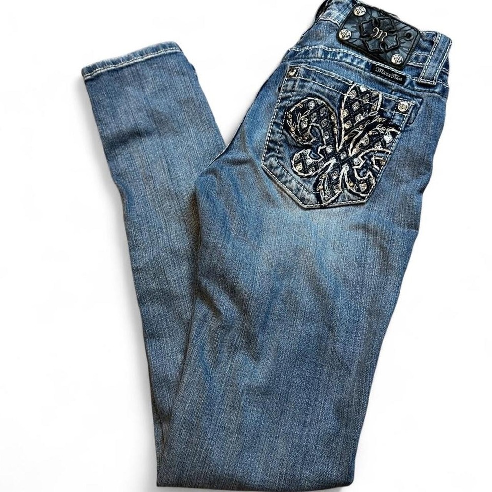 Miss Me‎ blue denim embellished fleur-de-lis skinny jeans Size 26